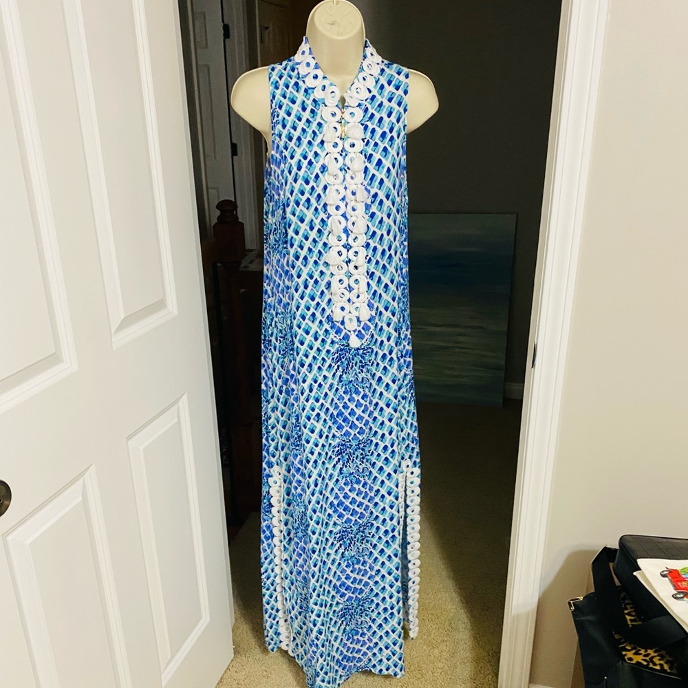 Lilly Pulitzer Jane Maxi Dress Blue and White Sleeveless Tassels zip up